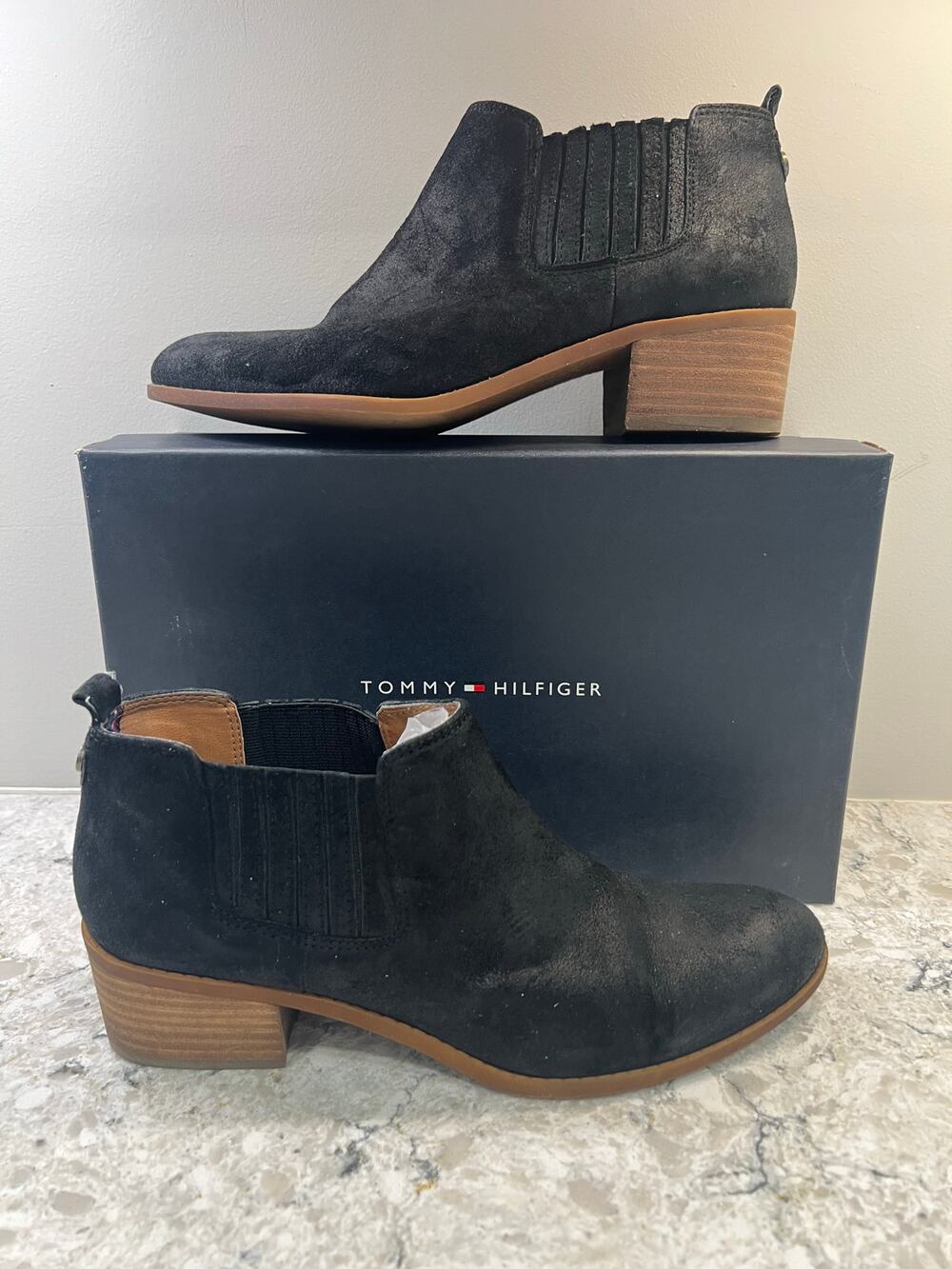 NEW Tommy Hilfiger Black Multi Leather Heeled Booties Ripley Size 8.5 JL